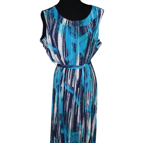 CLEARANCE SALE Nina Leonard Long Maxi w/ Tie Belt Blue Tones, 1X NWOT's - Picture 1 of 13